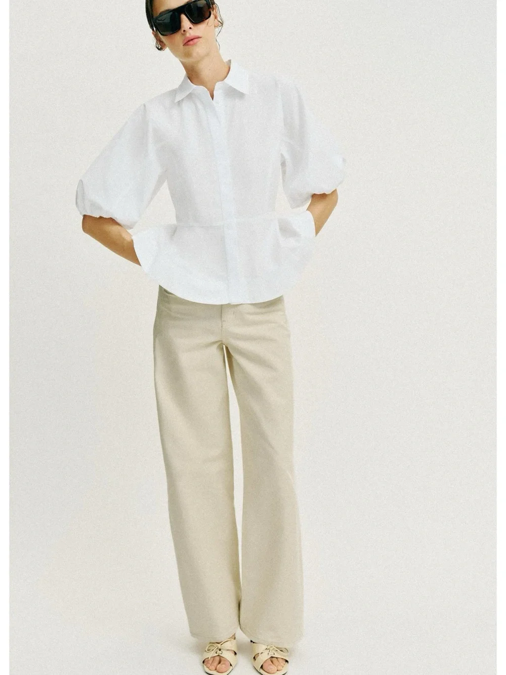 Zara White peplum shirt with Puff Sleeve
